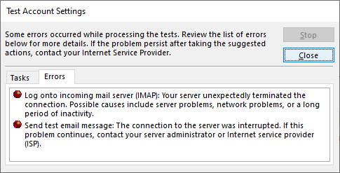 “测试帐户设置”窗口“错误”选项卡的屏幕截图 - IMAP